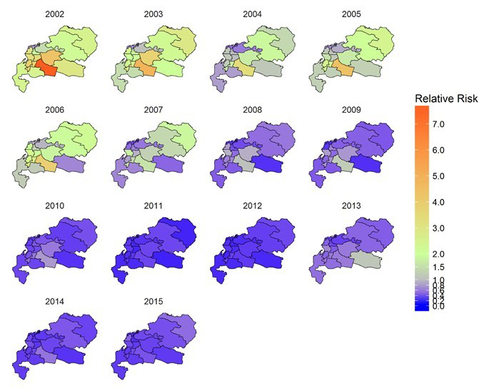 Estimates of the spatio-temporal patterns of relative risk of dengue in Makassar, Indonesia (Aswi et al., 2020)